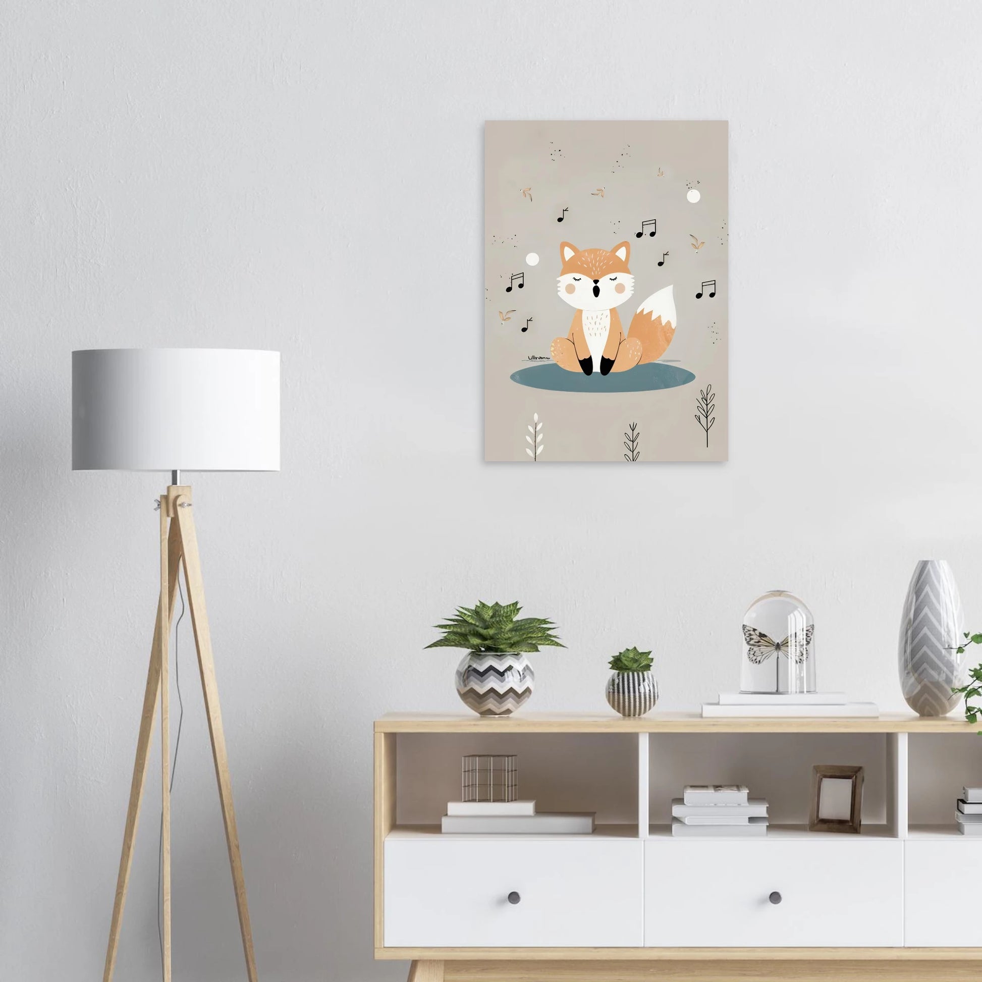 Illustration av en sjungande räv – lekfull och musikalisk barnposter.