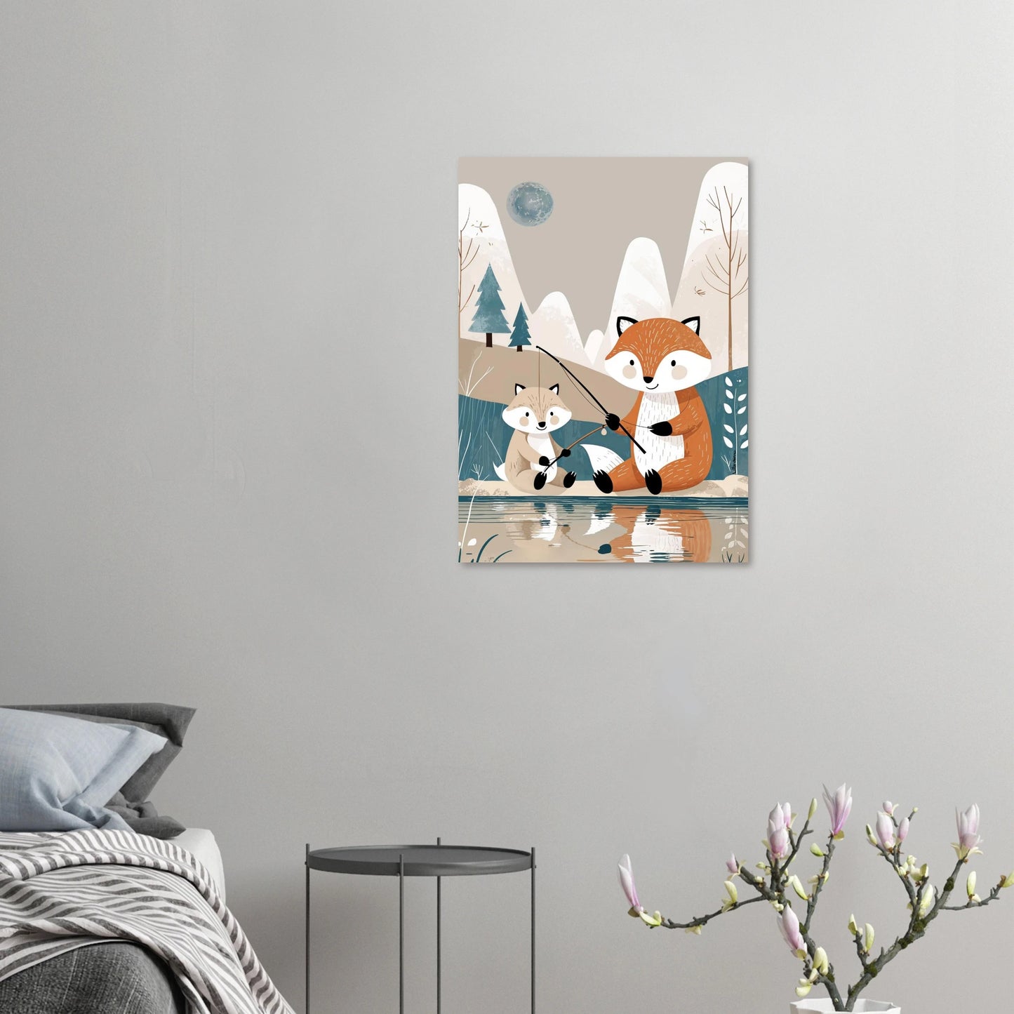 Illustration av rävfamilj som fiskar – barnposter i nordisk, naturnära stil.
