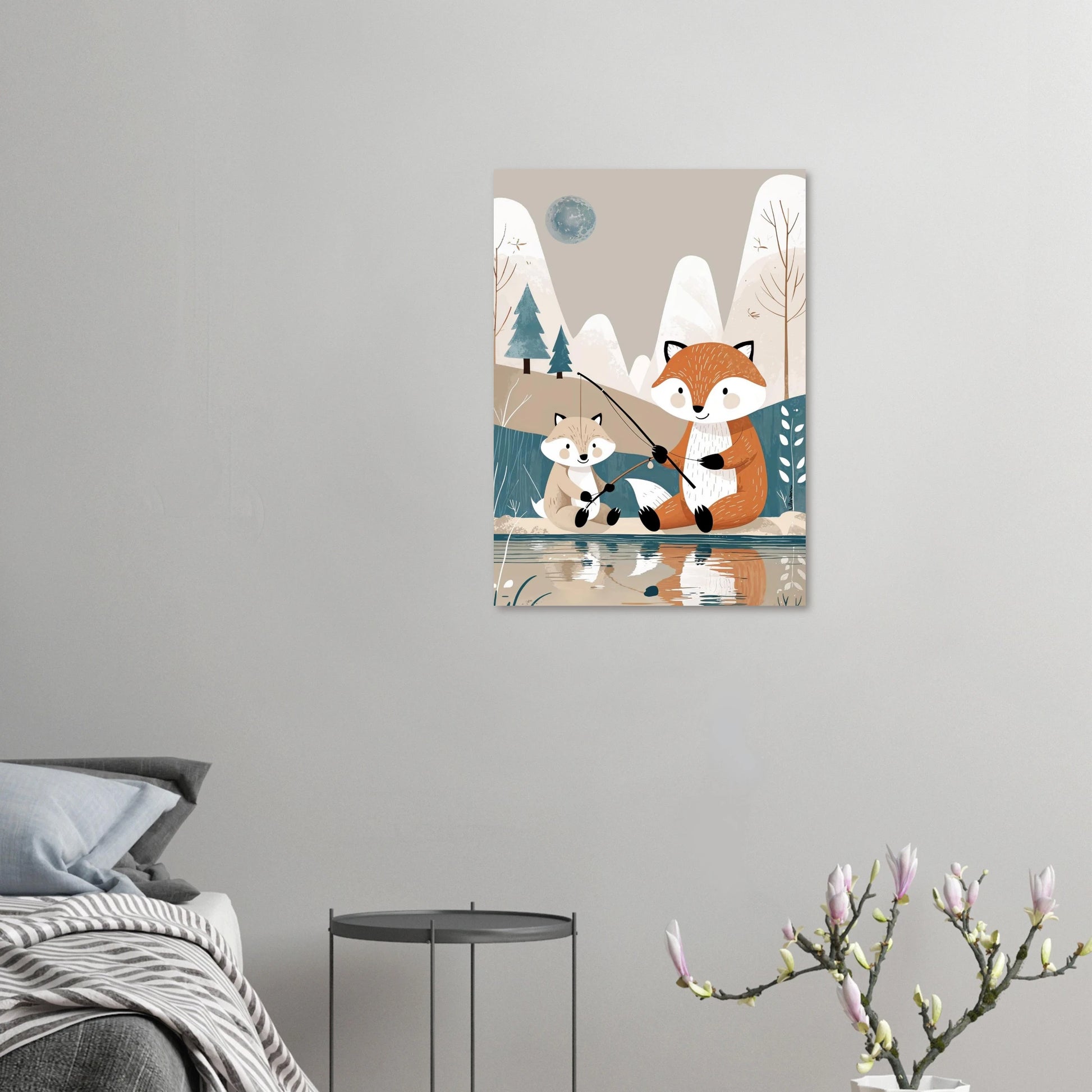 Illustration av rävfamilj som fiskar – barnposter i nordisk, naturnära stil.