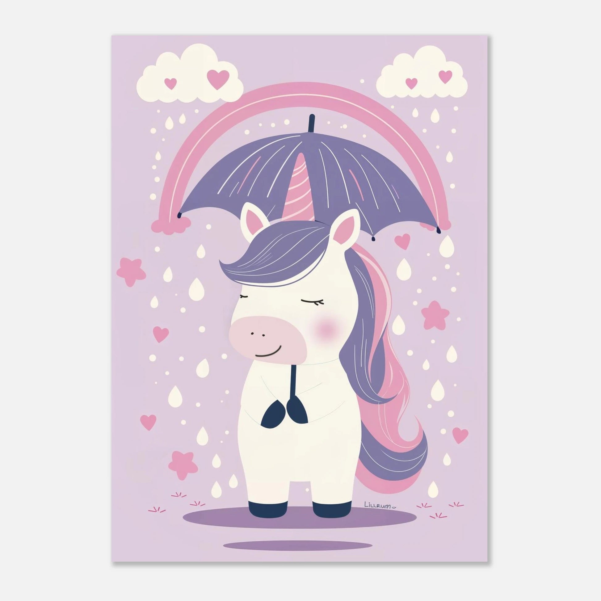 Illustration av en liten enhörning under paraply i regn – pastellposter från Lillrum.