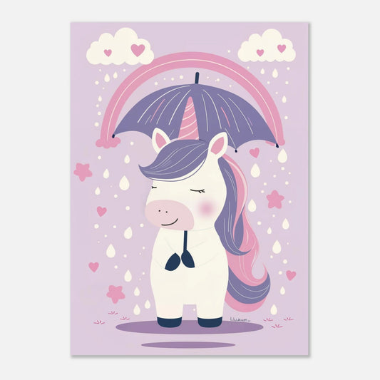Illustration av en liten enhörning under paraply i regn – pastellposter från Lillrum.