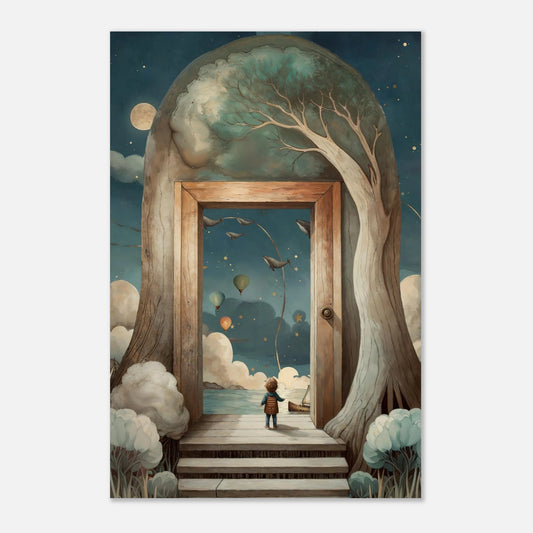 Drömsk barnposter med en stor trädport som öppnar upp mot ett stjärnbestrött landskap med luftballonger och moln. Fantasifullt motiv i naturnära och blå toner.