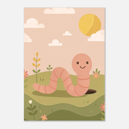 Illustration av en rosa daggmask som kikar upp ur jorden – barnposter från Lillrum.