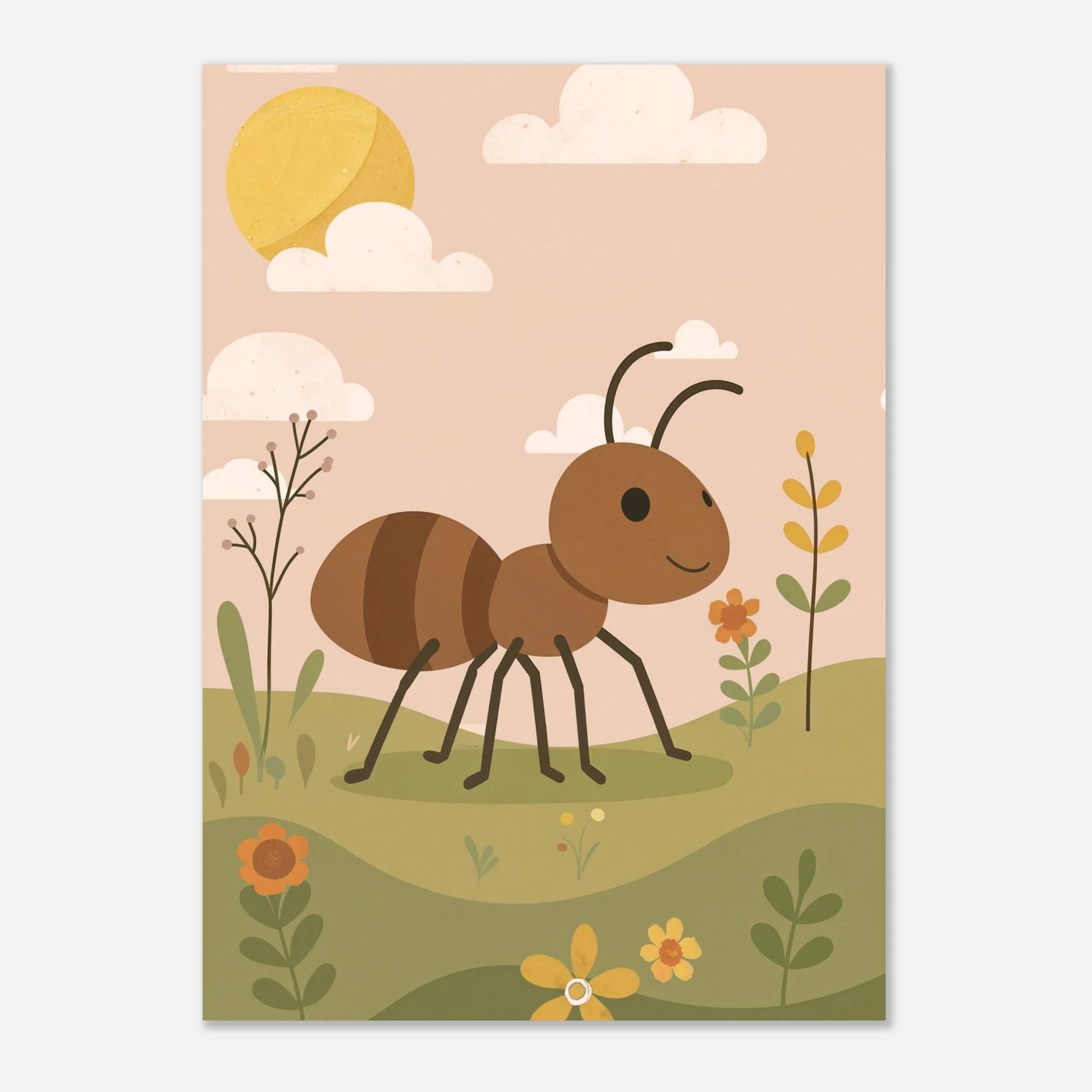 Illustration av brun myra som vandrar genom blommande landskap – barnposter från Lillrum.