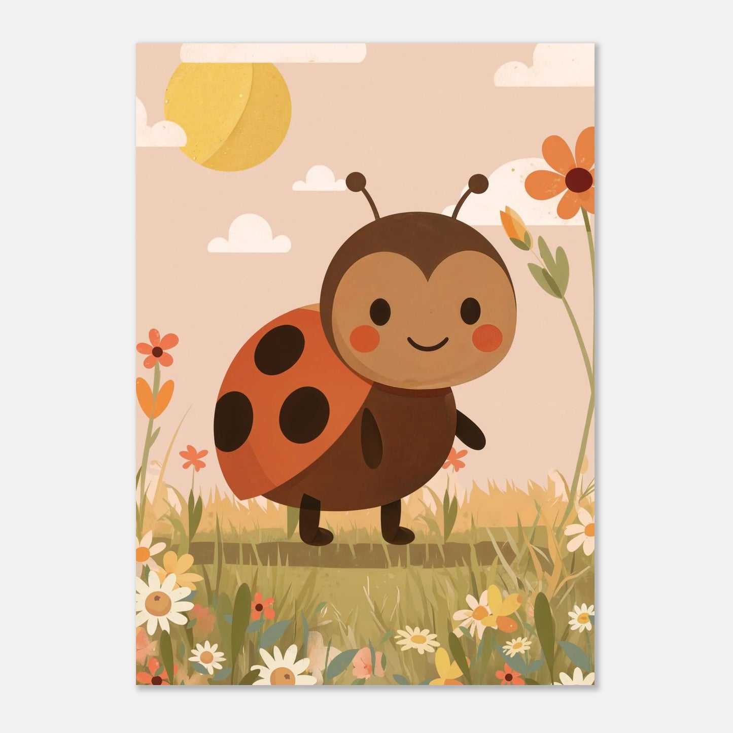 illustration av söt nyckelpiga på skogsstig bland blommor – barnposter från Lillrum.