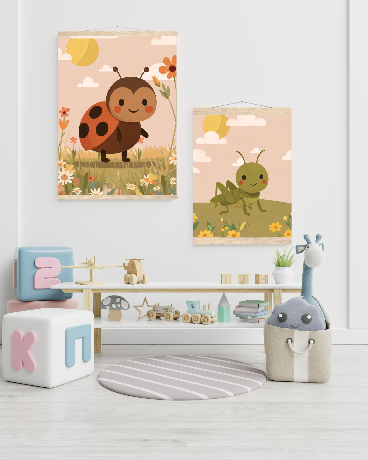 Illustration av nyckelpiga i röda och bruna toner – stilren barnposter från Lillrum.