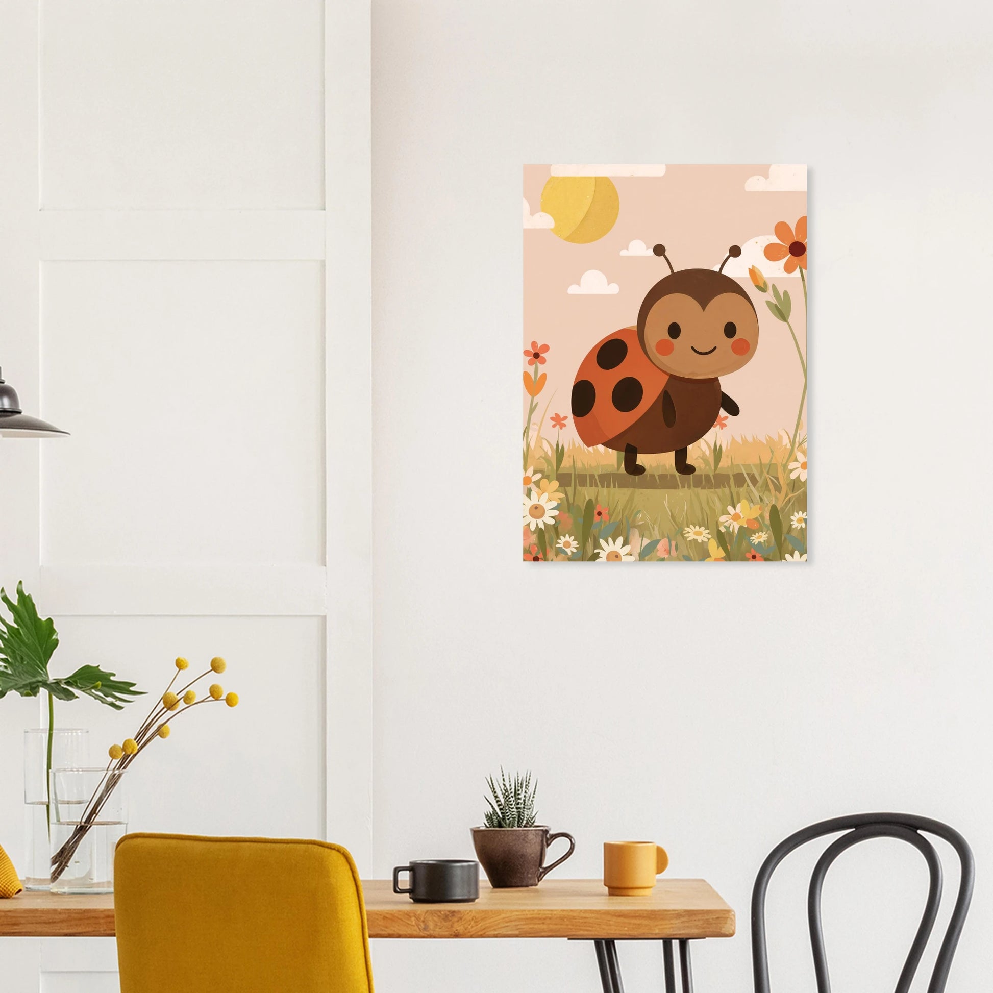 Poster med varm färgskala och nyckelpiga i närbild – barnrum från Lillrum.