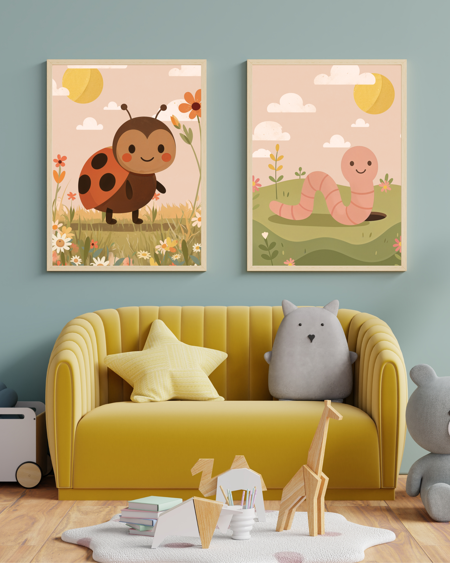 Väggposter med glad nyckelpiga bland blommor i somrig miljö och mask – Lillrum.