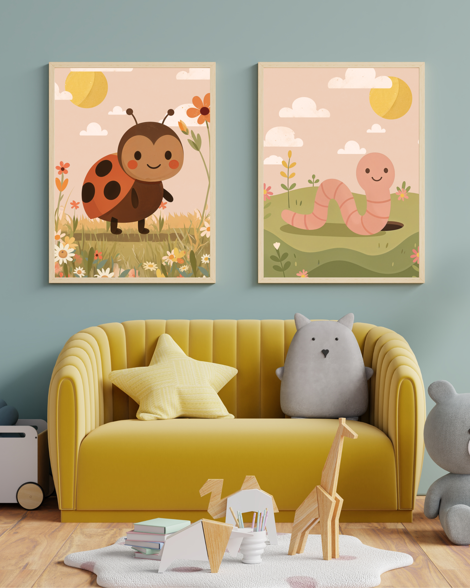 Väggposter med glad nyckelpiga bland blommor i somrig miljö och mask – Lillrum.