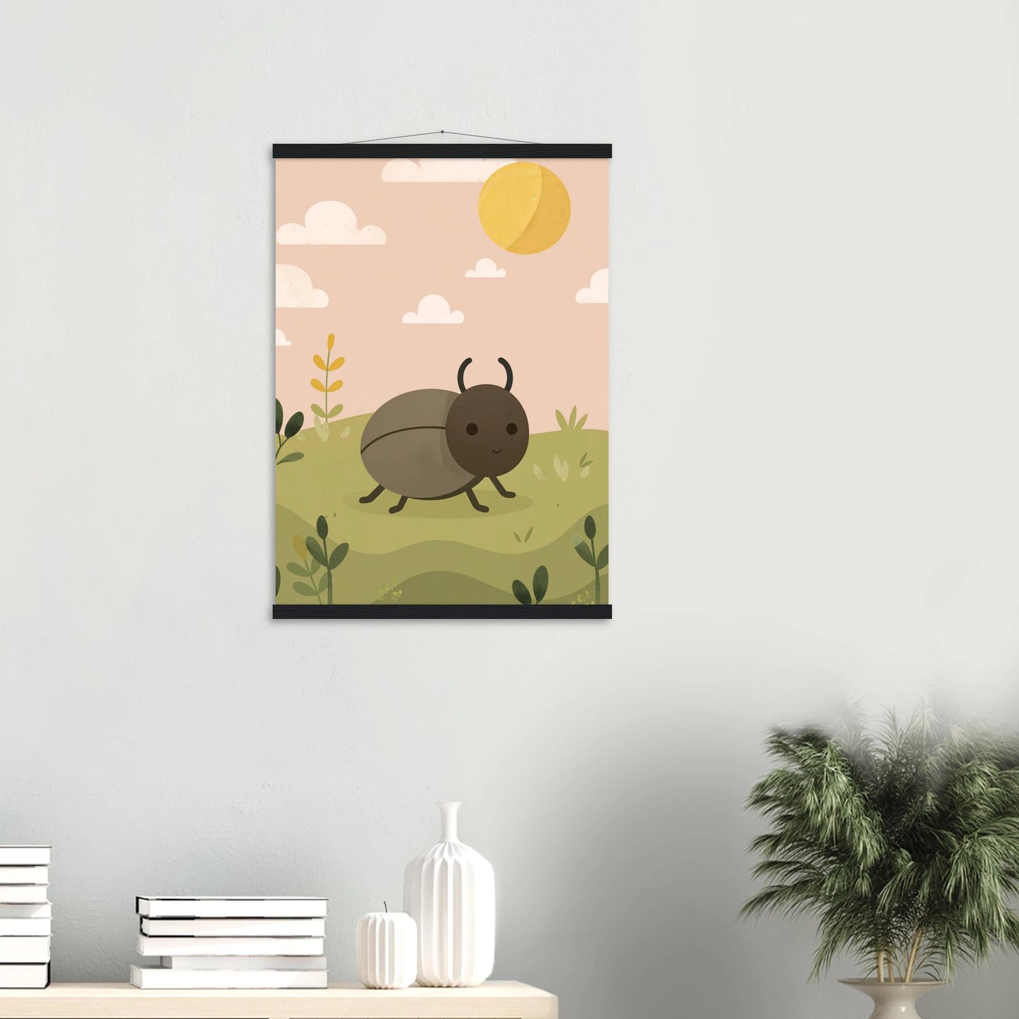 Barnposter med en glad liten skalbagge i naturmiljö – illustration från Lillrum.