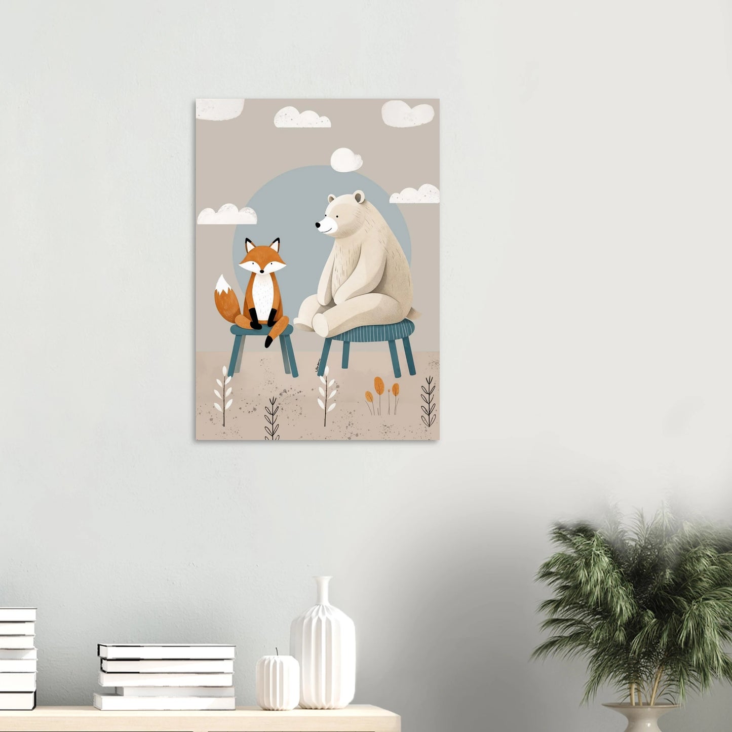 Räv och björn i balans – en illustration som signalerar vänskap och eftertanke.