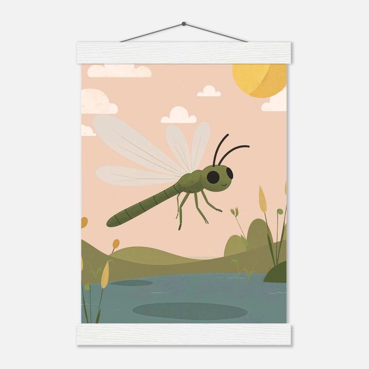 Dekorativ poster med flygande trollslända över vatten – tryckt illustration från Lillrum.