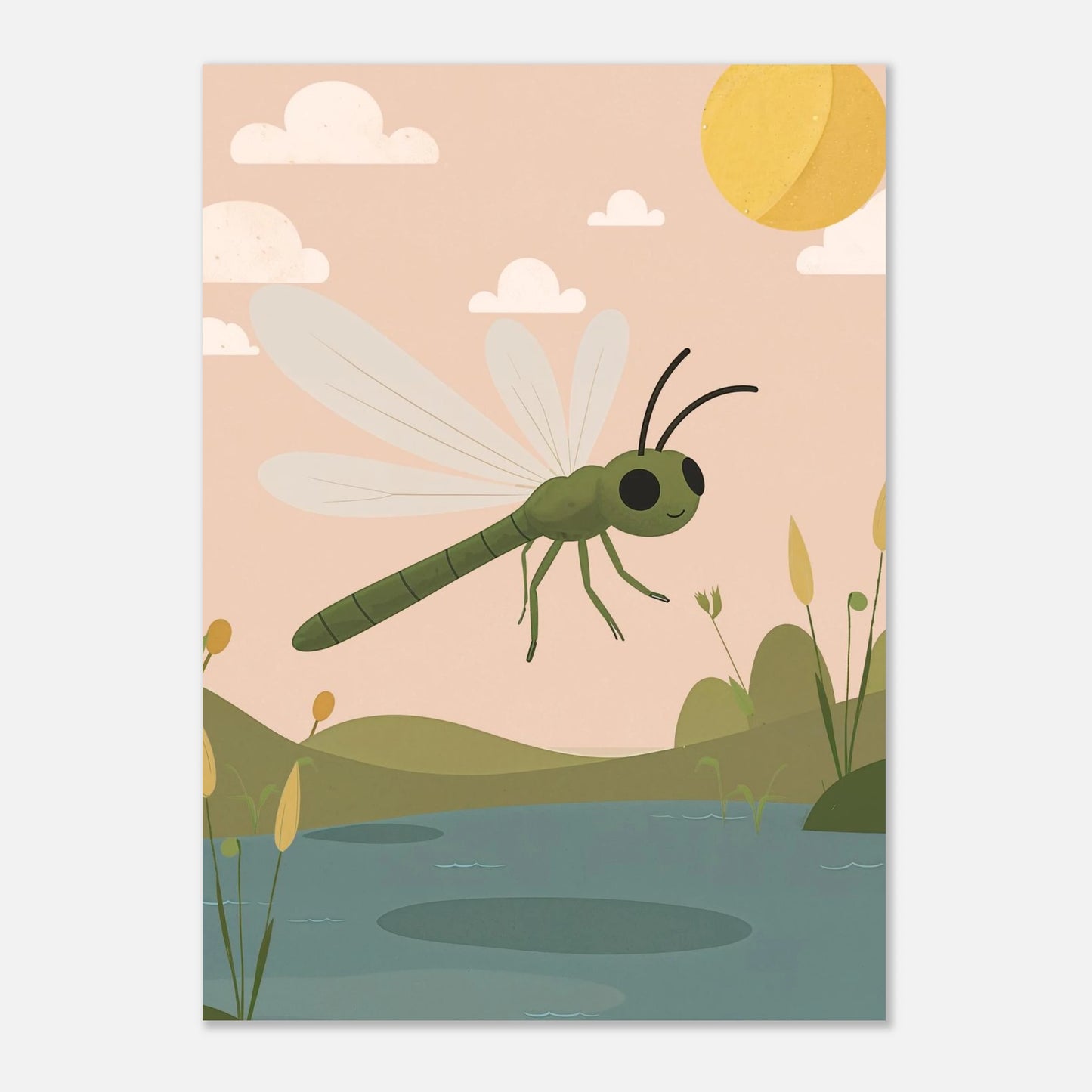 Illustration av grön trollslända som flyger över damm – barnposter från Lillrum.