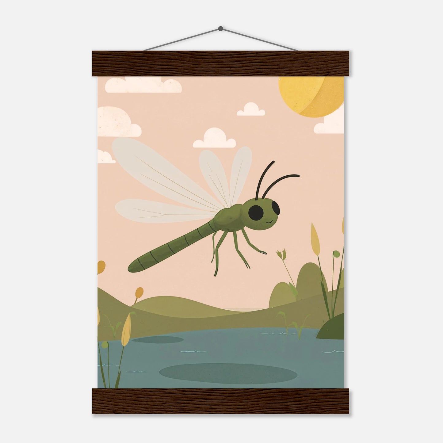 Poster i dämpade gröna och rosa toner med trollslända – ett lugnt inslag i barnrummet från Lillrum.